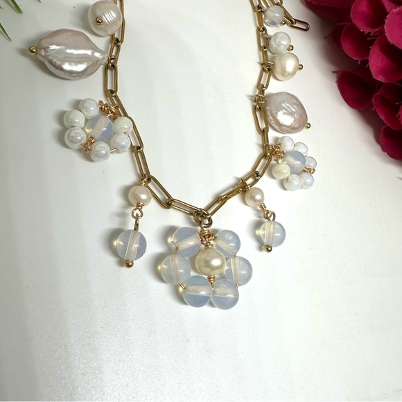 NEW⚜️Opalite & Freshwater Pearl Flower Charm Necklace - Picture 4 of 10